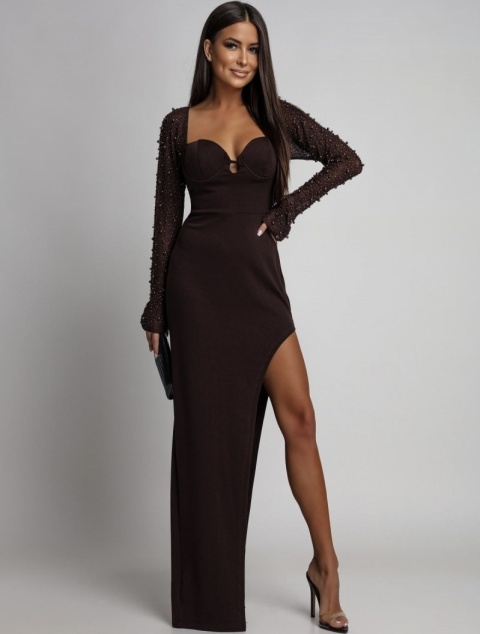 DOPASOWANA SUKIENKA MAXI Z DŁUGIMI OZDOBNYMI RĘKAWAMI CZARNA