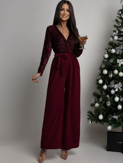 KOMBINEZON MAXI Z CEKINOWĄ GÓRĄ I DŁUGIM RĘKAWEM BORDOWY