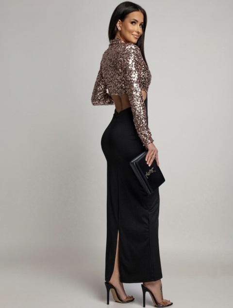 SUKIENKA MAXI Z CEKINOWĄ GÓRĄ I DŁUGIM RĘKAWEM CZARNO-RÓŻOWA